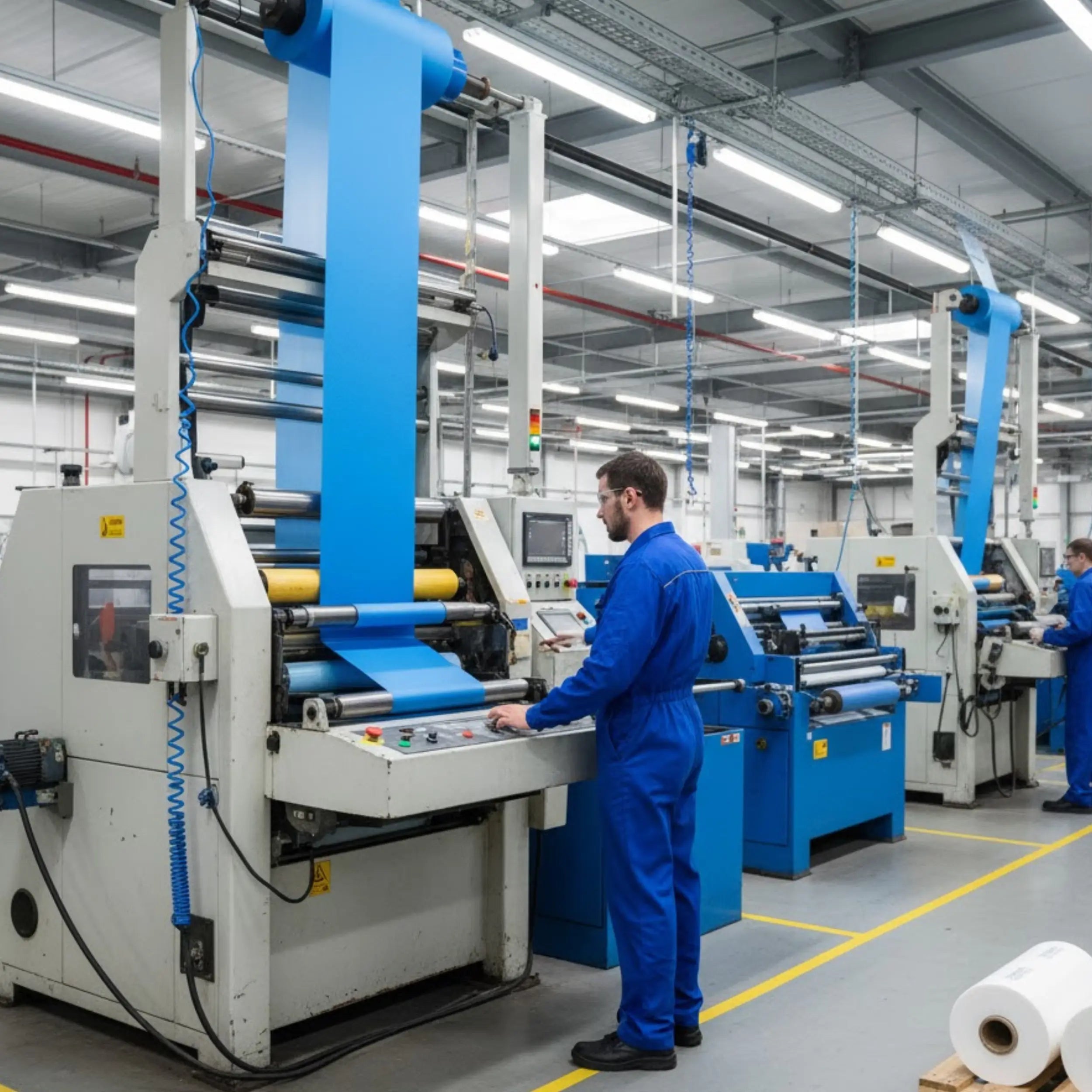 Moderní výrobní linka na zpracování plastových fólií. Pracovník v modré uniformě obsluhuje balicí stroj při výrobě obalových materiálů pro potravinářský, stavební a průmyslový sektor.