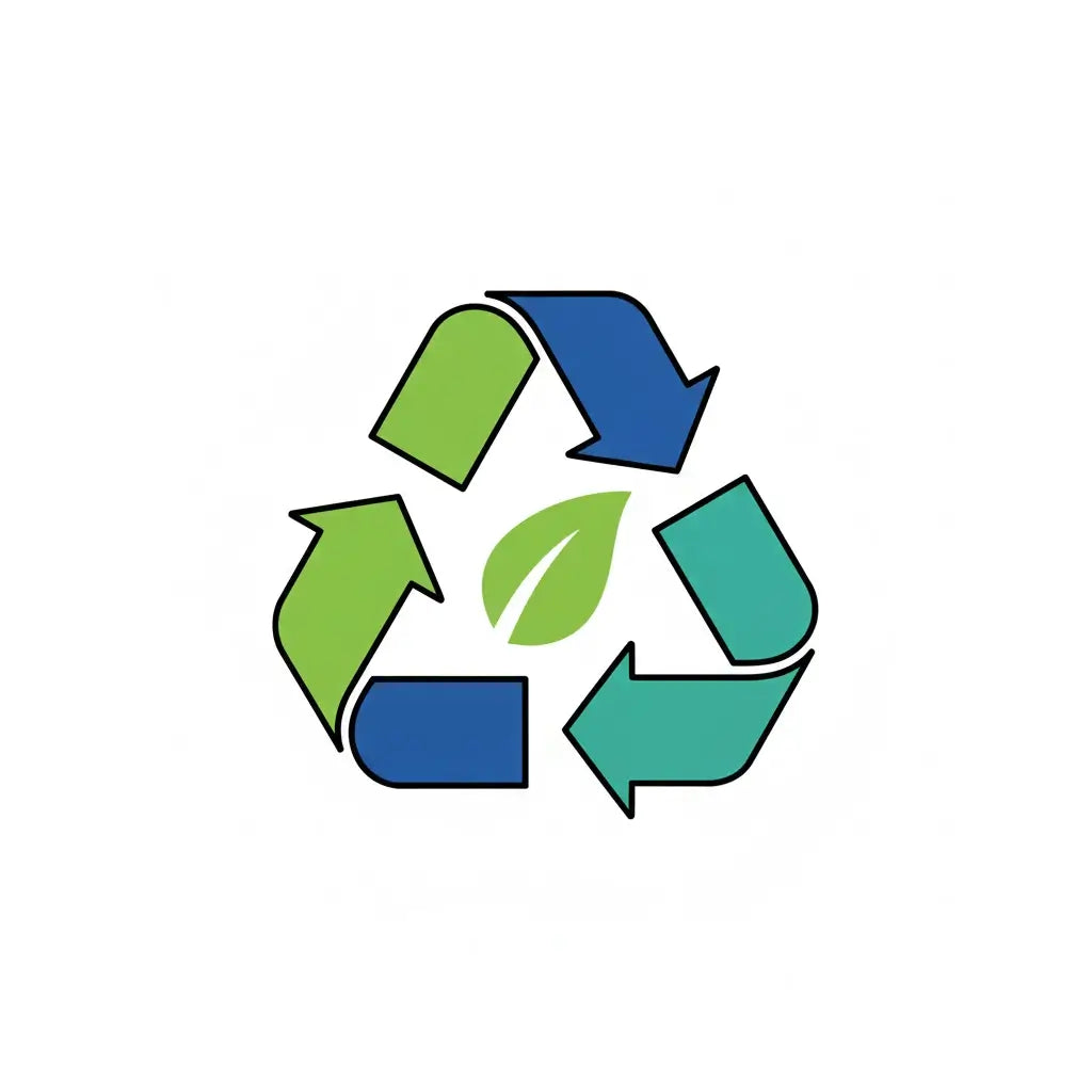 Ikona recyklace s modrozelenými šipkami a listem – důraz na ekologické a recyklovatelné obaly.