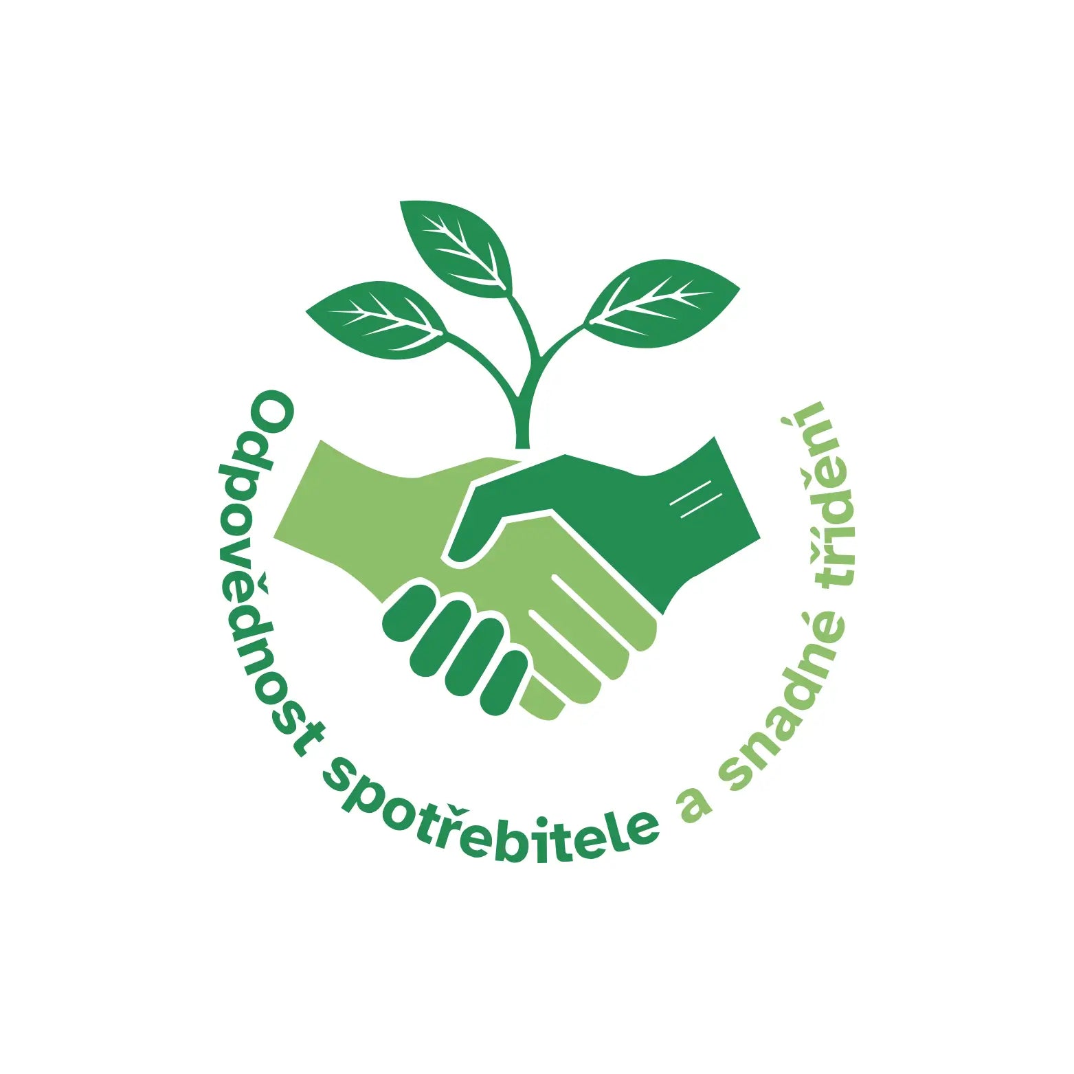 Zelené logo s podáním rukou a rostlinou – symbol odpovědnosti spotřebitelů a snadného třídění obalů.