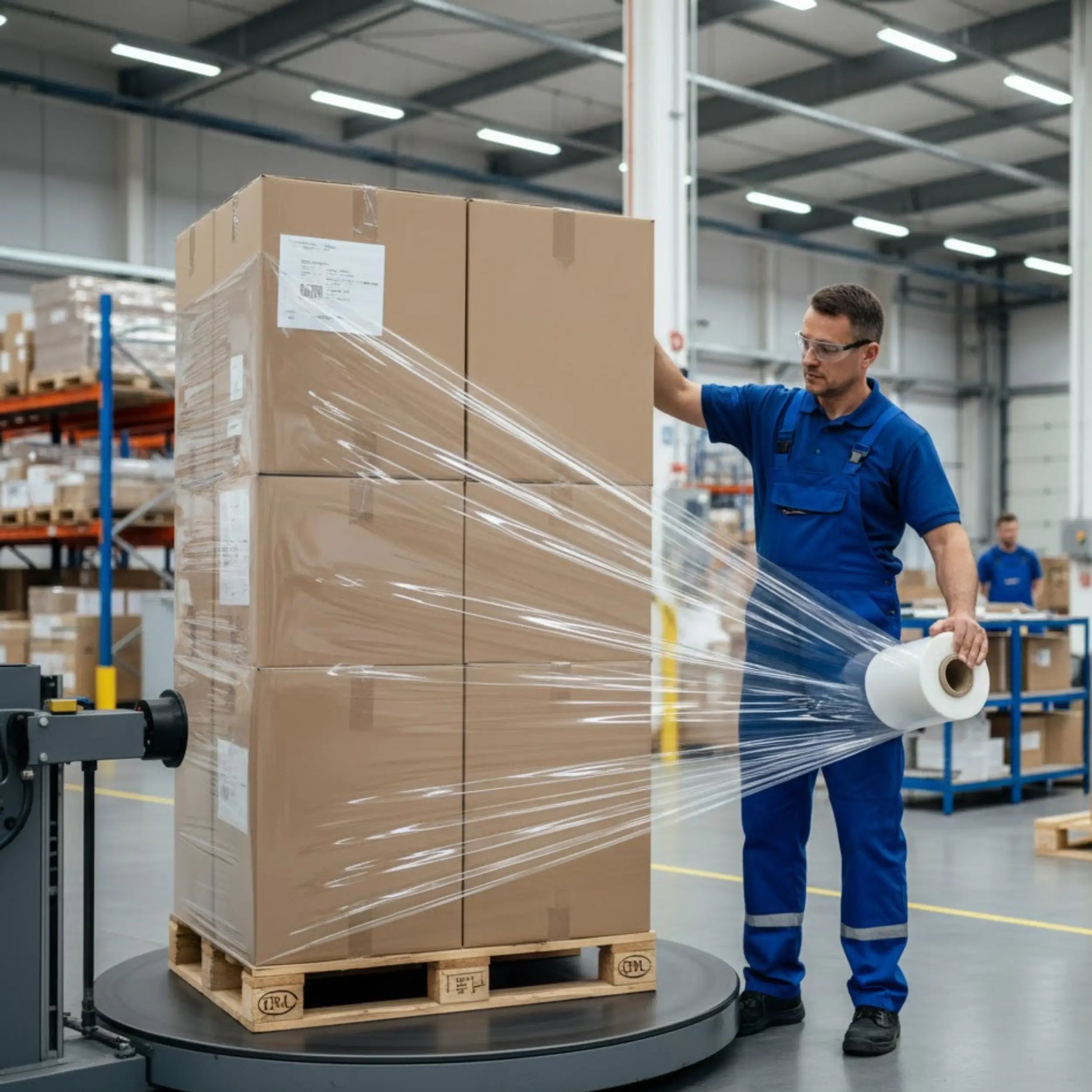 Balicí proces v průmyslovém skladu. Pracovník používá stretch fólii k zabalení palety s kartonovými krabicemi pro bezpečnou přepravu a skladování.

