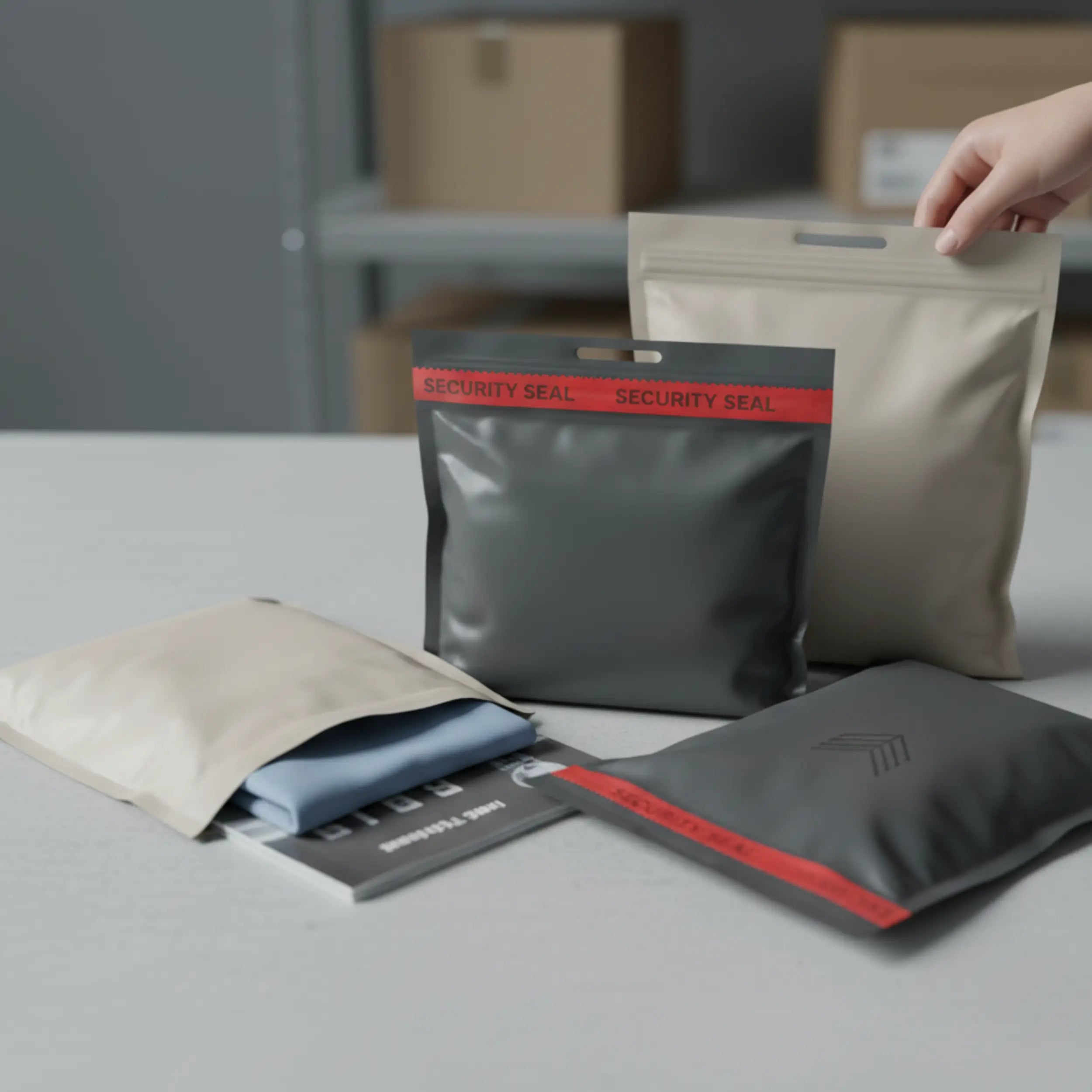 Bezpečnostní plastové obálky s lepicím uzávěrem a potiskem SECURITY SEAL – odolné obaly pro bezpečné zasílání zásilek.