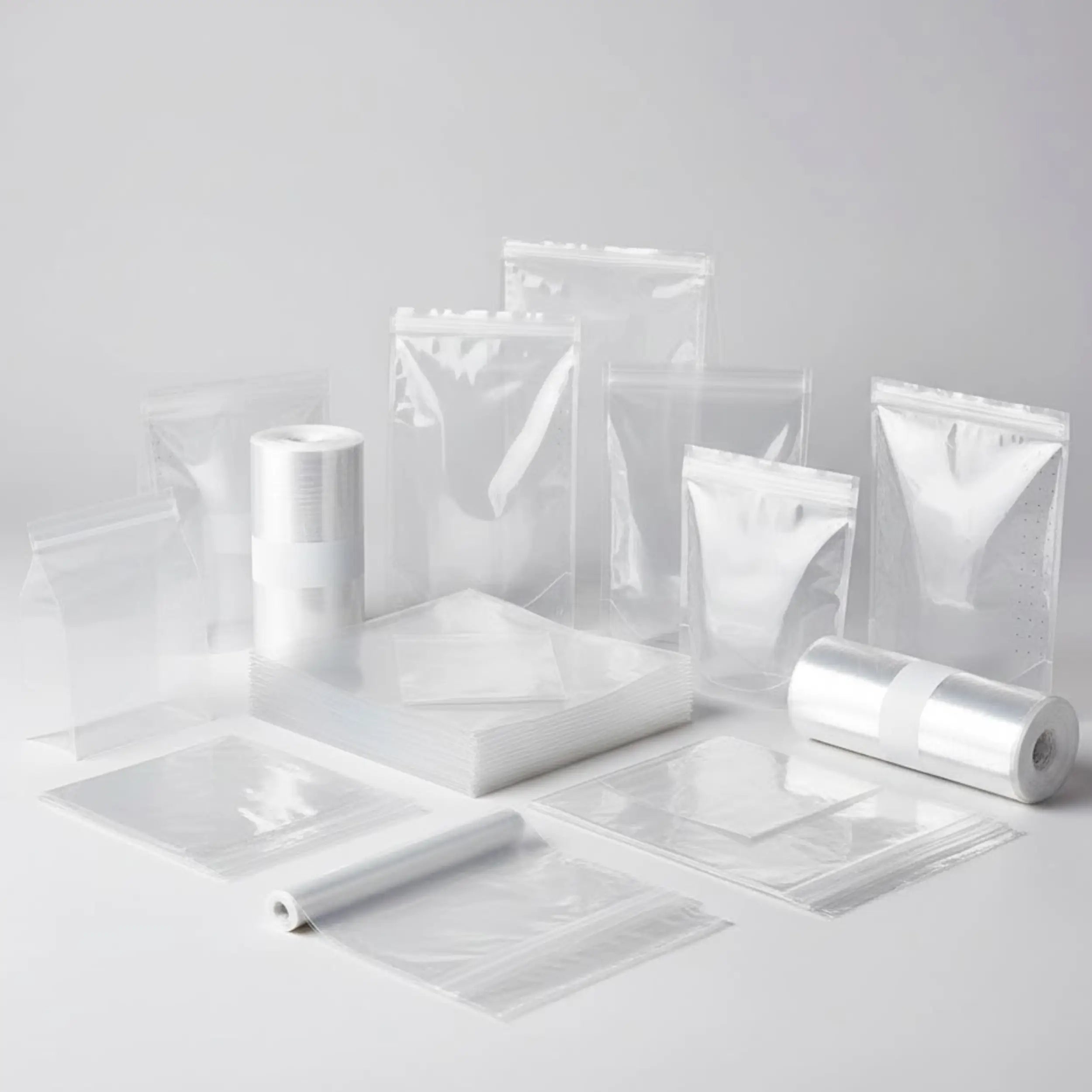 Sada průhledných plastových sáčků, fólií a rolí různých rozměrů. Kvalitní obalové materiály určené pro potravinářství, průmysl a hygienické balení výrobků.
