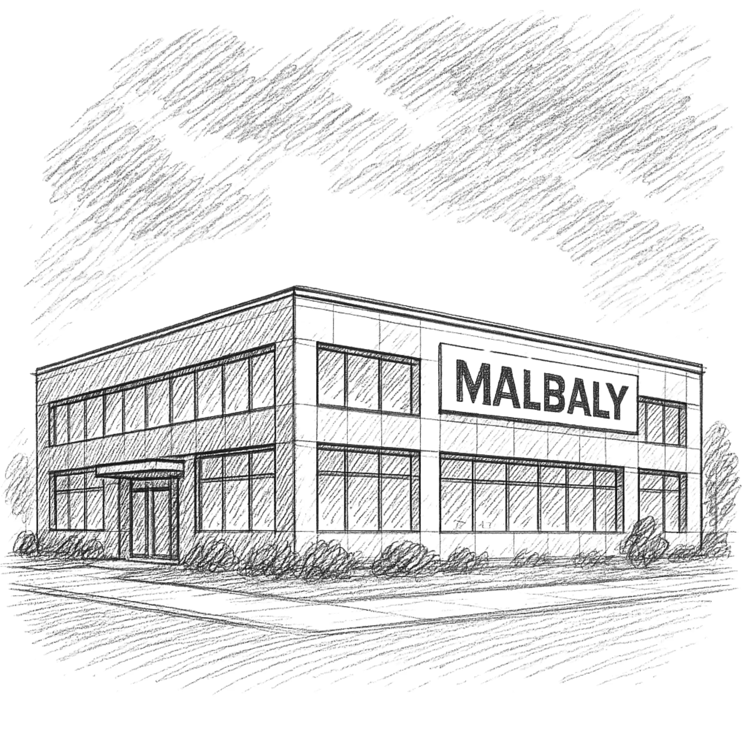 Umělecká skica budovy společnosti MALBALY. Symbolizuje moderní a spolehlivou firmu zaměřenou na výrobu a dodávku plastových obalů a obalových fólií.