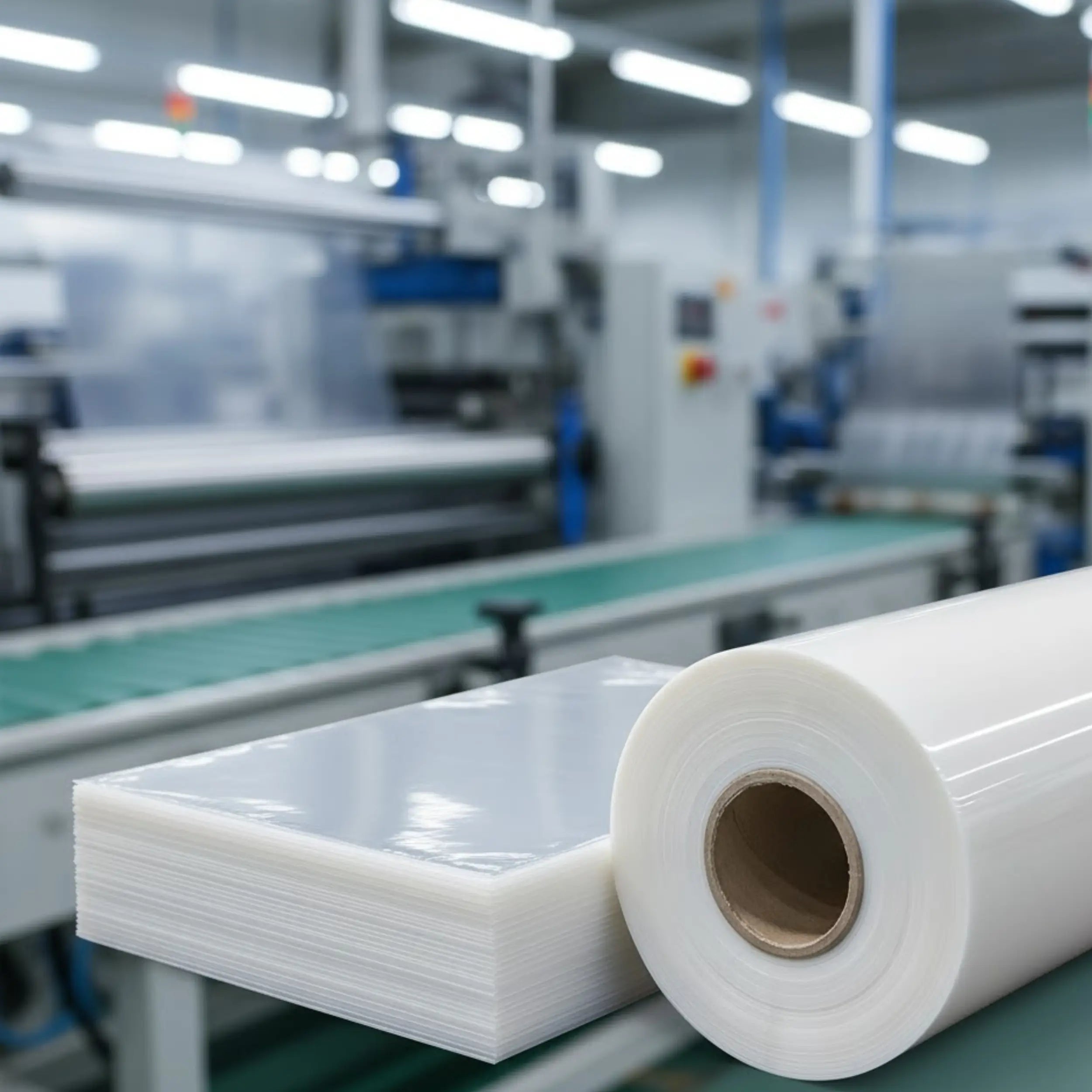 Detail plastové stretch fólie a řezaných archů připravených k balení výrobků. Kvalitní obalový materiál vhodný pro potravinářský, stavební a průmyslový sektor.