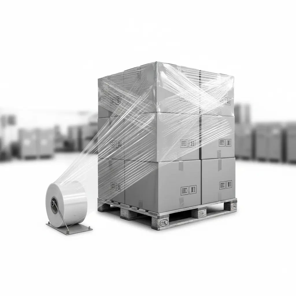 Paleta s kartonovými krabicemi zabalená průhlednou stretch fólií – průmyslové balení a ochrana výrobků při přepravě.
